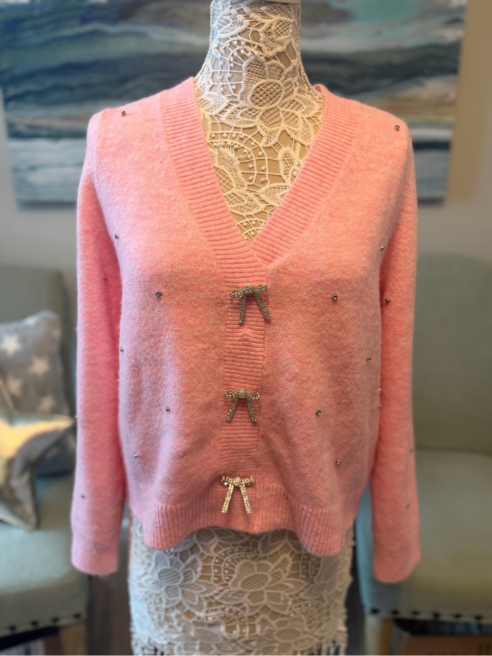 Lilly Pulitzer Pink V-Neck Embellished Women's Sweater
